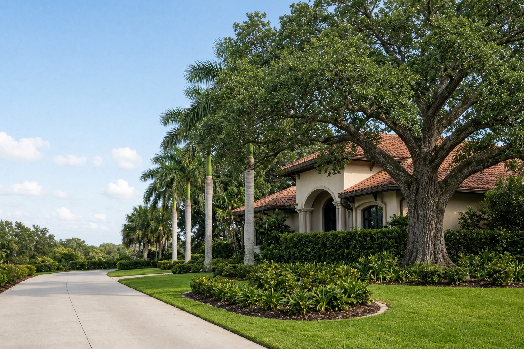 A majestic mature oak tree shading a Mediterranean-style estate home with royal palms and a manicured lawn
