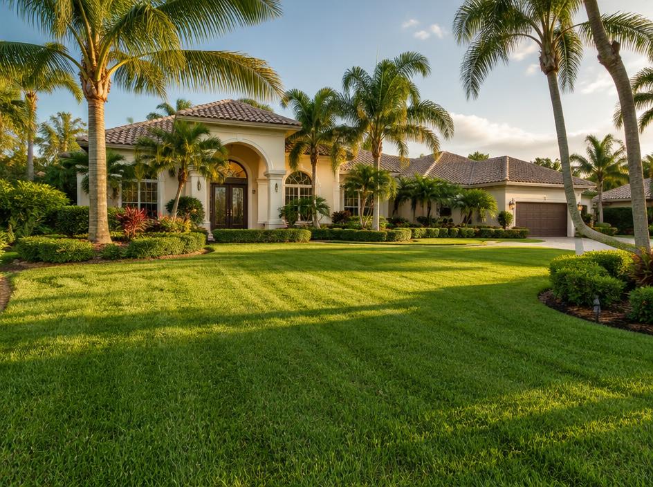 Freshly mowed manicured lawn with crisp edging at a Florida home with palm trees